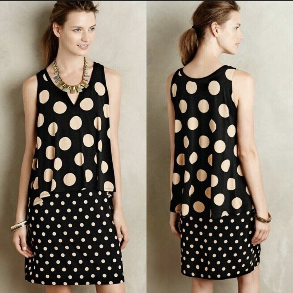 Anthropologie Maeve DAVINA Polka Dot Layered Dress sz L Soft Black & Tan desert